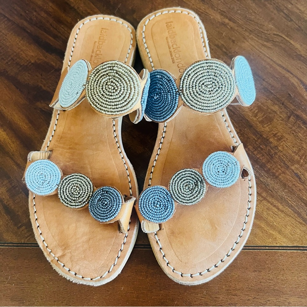 Laurence Dacade Spiral Beaded Sandals - Blue and Tan - EUC Size 40EU/10US